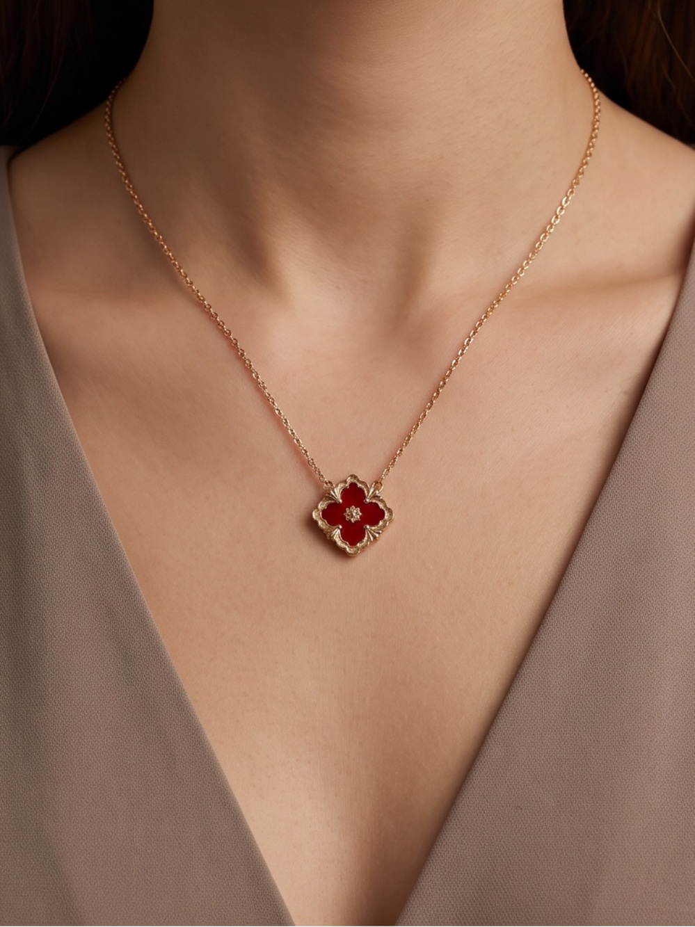 Gold Necklace with Red  Pendant - Elegant Women's Jewelry